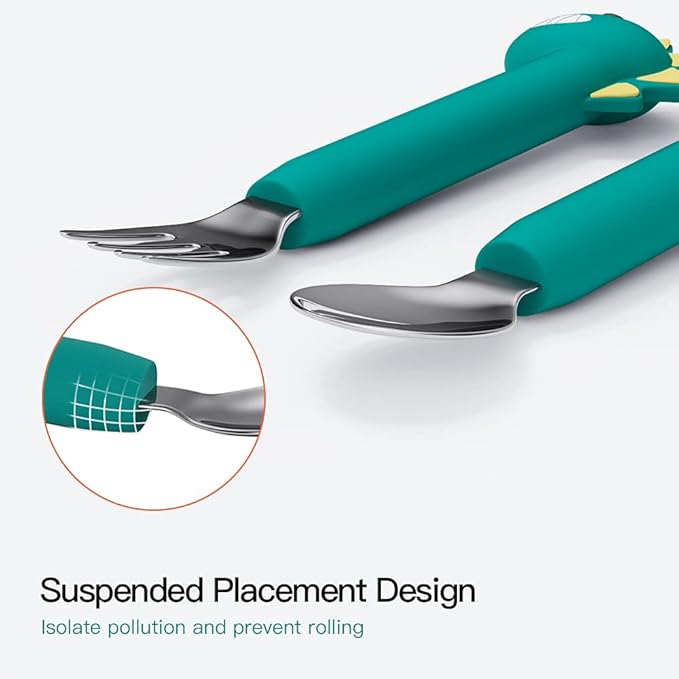 Baby Forks and Spoons Set Baby Training Utensils Self Feeding Toddler Silverware Silicone and Stainless Steel Kids and Toddler Utensil (Green Dinosaur - Long)