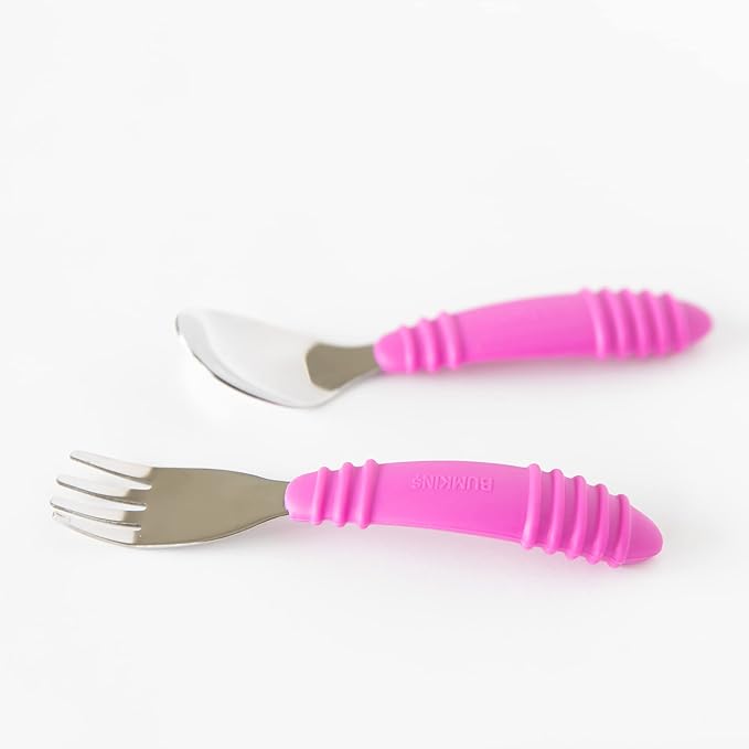 Bumkins Toddler Utensils, Kids Size Fork and Spoon Set, Silicone and Stainless-Steel Training Silverware, Angled Forks / Sporks for Self-Feeding, Children Hold Learning to Eat, 18 Months Up, Fuchsia