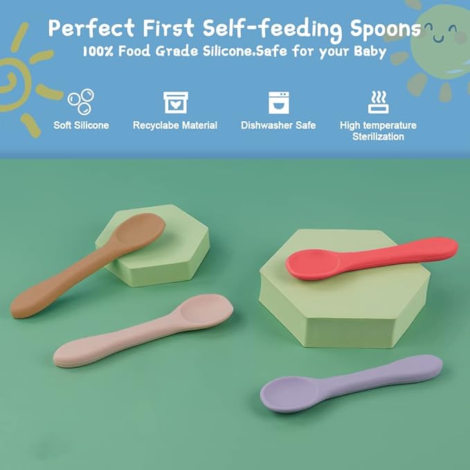 Vicloon Silicone Baby Feeding Spoons, 4 PCS Baby Spoons, First Stage Feeding Spoons for Infants, Silicone Baby Spoons Ultra-Durable & Chewproof, Silicone Feeding Spoons Dishwasher Safe,Baby Utensils