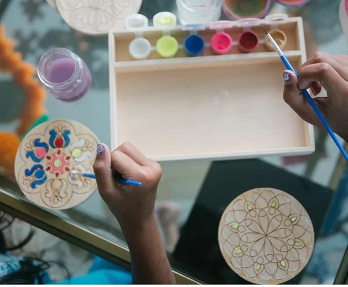Make Your Own Rangoli Coaster Kit - DIY 4 Wooden Coasters, Kulture Khazana, Use for Holi Activity, Party Or Decoration