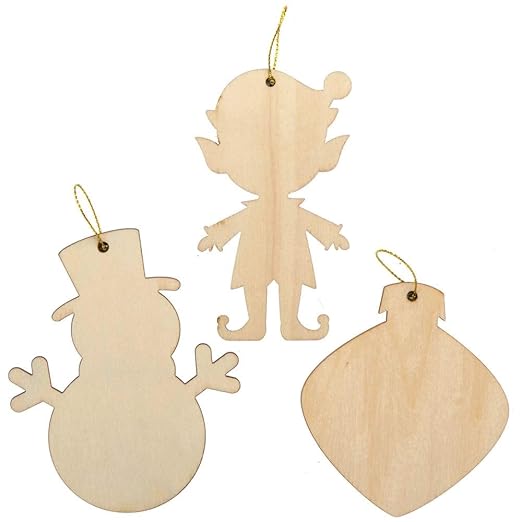 Baker Ross AX464 Christmas Wooden Decorations - Pack of 12, Wood Crafts for Kids to Decorate, Ideal Christmas Tree Decoration, Great for School, Craft Groups and Home Crafting