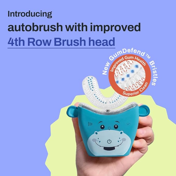 autobrush Kids U Shaped Electric Toothbrush, ADA Accepted, Sonic Pro with Unique 360° Nylon Bristles 3 Cleaning Modes,Whitening LED-Lights,Plays Music (Double-Sided),Ages 9-12, Hippo