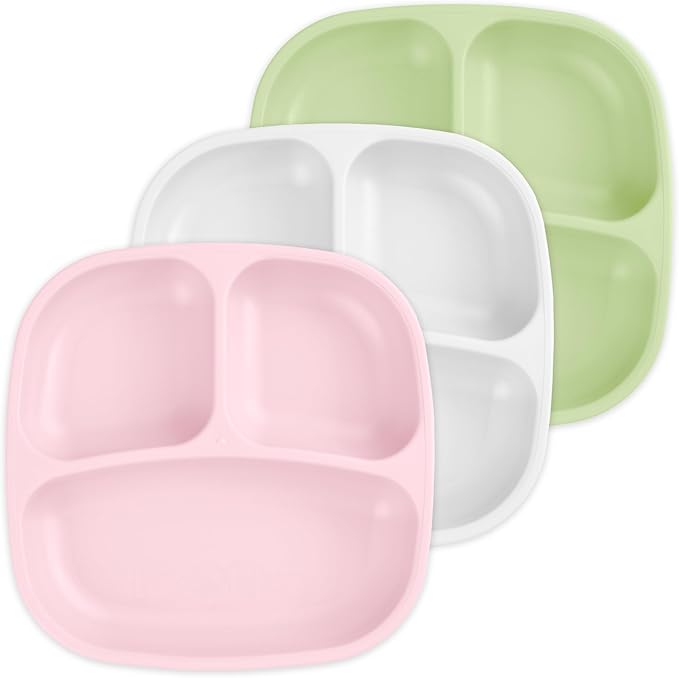 Re-Play Made in USA 7" Deep Walled Divided Plates for Kids, Set of 3 - Reusable 3 Compartment Plates, Dishwasher and Microwave Safe - 7.37" x 7.37" x 1.25", Lily Pad