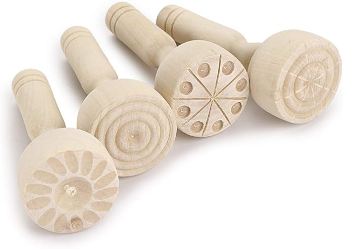 OwnMy Wooden Clay Stamp Set, Wood Playdough Handle Stamps, Wooden Handle Pottery Tools, Set of 4 Clay Modeling Pattern Kit