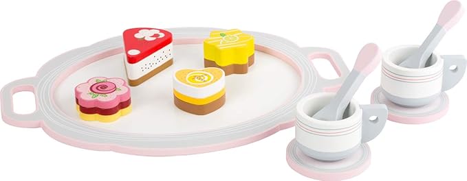 small foot wooden toys Coffee and Cake 11 pcs. Playset for Two Cute Stuffed Animals, Perfect for Small Coffee Parties in The Children's Room or Garden Designed for Children Ages 3+, Multi
