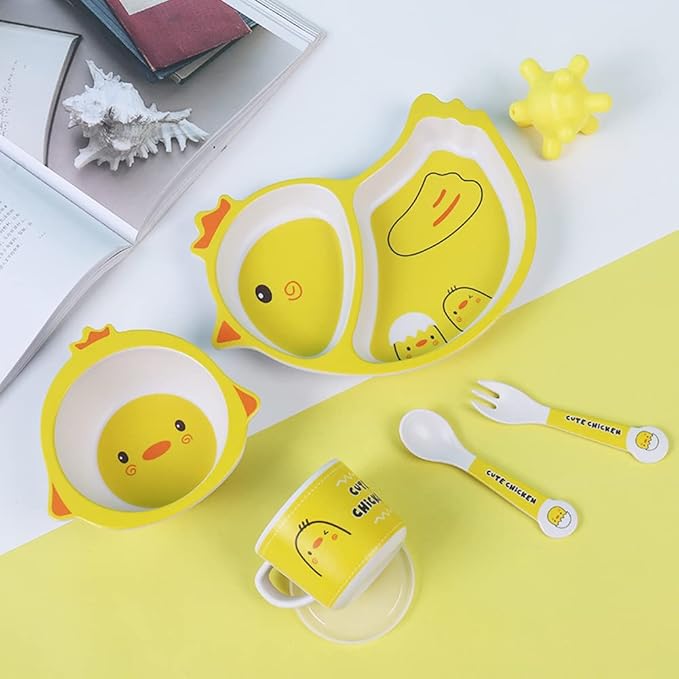 Bamboo Kids Dinnerware Set 5 Pcs Includes Plate Bowl Cup Fork Spoon Perfect for Kids BPA-Free (Chicken)