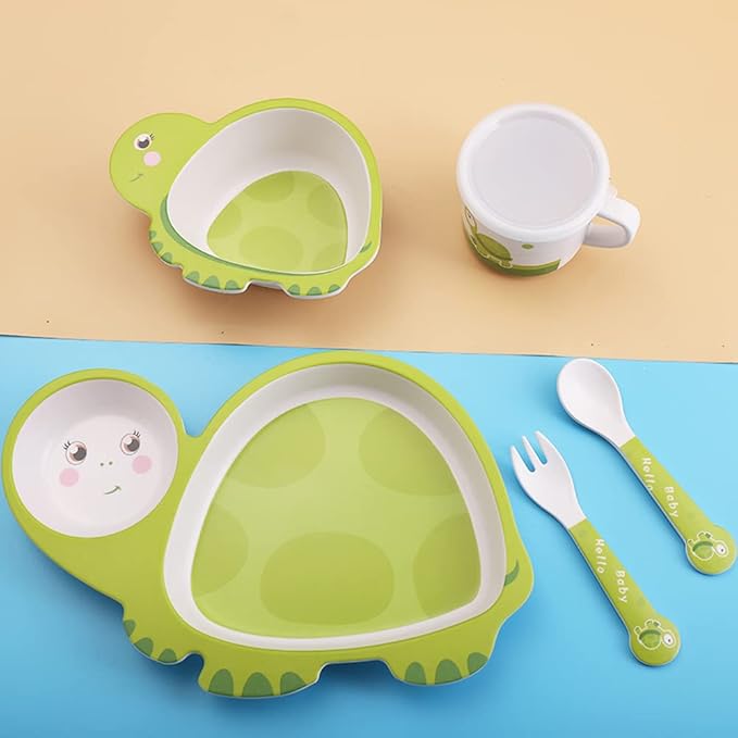 Bamboo Kids Dinnerware Set 5 Pcs Includes Plate Bowl Cup Fork Spoon Perfect for Kids BPA-Free (Tortoise)