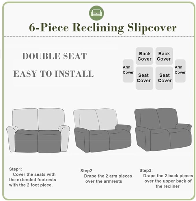 vctops 6 Pieces Jacquard Plush Recliner Loveseat Slipcover Stretch Soft Sofa Couch Cover Anti-Slip Solid Color Furniture Protector with Elastic Bottom for Kids Cats Dogs(Dark Grey,2 Seat)