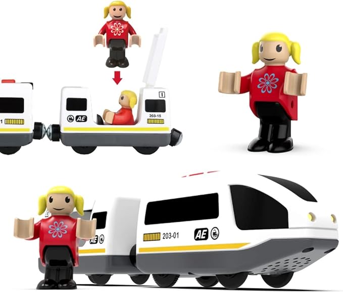 Wooden Train Set Accessories Battery Operated Locomotive Train, Remote Control Train Vehicles for Wood Tracks, Powerful Engine Train Cars Fits All Major Brands of Railway System (Battery Not Included)