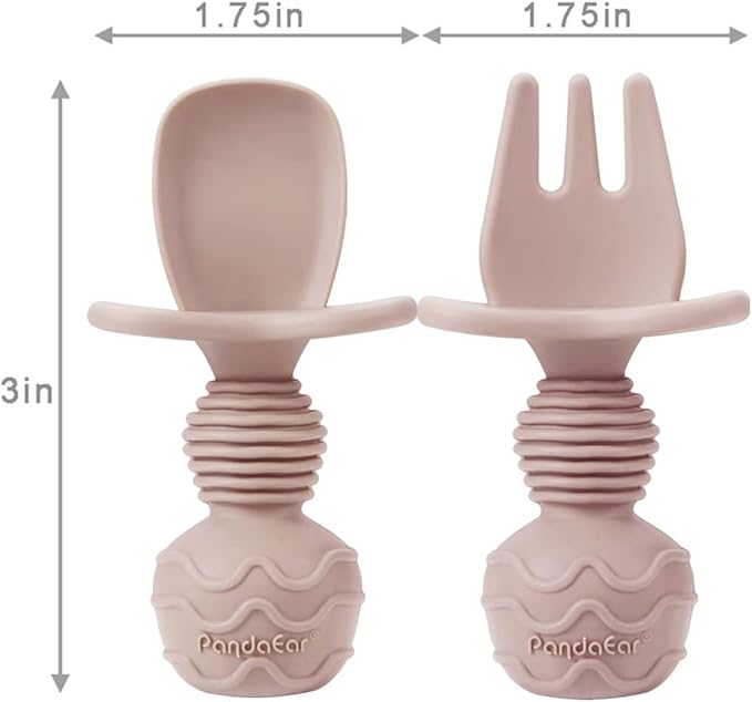 PandaEar Silicone Baby Feeding Set, 2 Pack - Divided Suction Plate, 2 Tiny Cup with Spoons, BPA Free, Light Tan/Pink