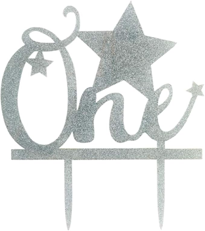 Restaurantware Top Cake One Cake Topper 1 Piece With Glitter Stars 1st Birthday Cake Topper - Double Sided For Anniversaries And Parties Silver Acrylic 1 Cake Topper Event Supplies