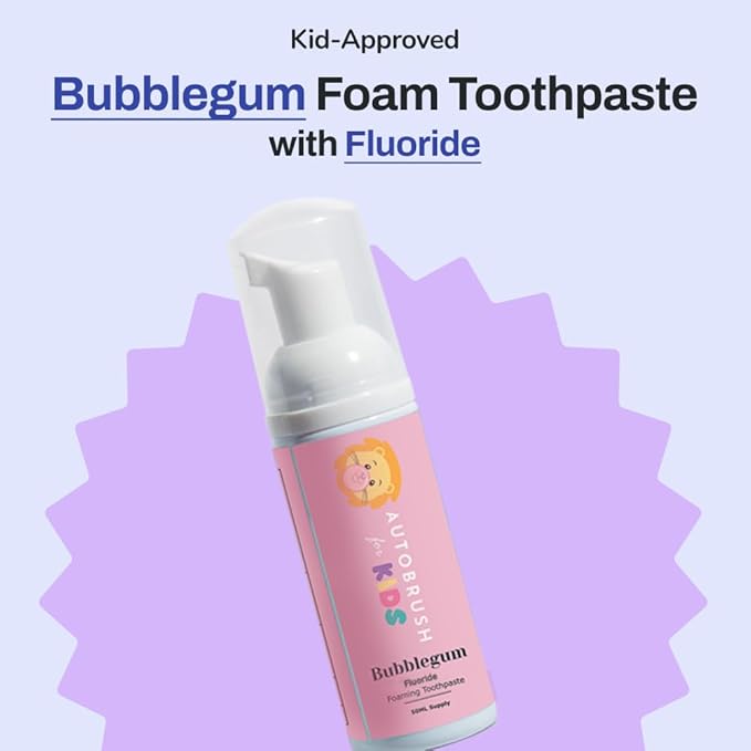 autobrush Kids Fluoride Foaming Toothpaste Bubblegum Flavor for Electric or U-Shaped Toothbrush, SLS-Free, Training Toothpaste, Anti-Cavity, Travel Friendly (3 Pack)