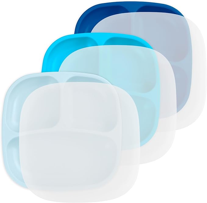 Re-Play Made in USA 7" Deep Walled Divided Plates for Kids, Set of 3 With 3 Lids - Reusable 3 Compartment Plates, Dishwasher and Microwave Safe - 7.37" x 7.37" x 1.25", Bluesy