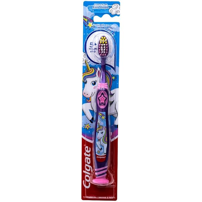 Colgate Kids Unicorn Toothbrush with Suction Cup for Children 5+ Years Old, Extra Soft (Colors Vary) - Pack of 4