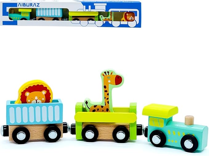 Wooden Trains Cars with Crane Magnetic Train Toys for Wooden Train Tracks Train Sets for Toddlers and Kids Ages 3+ (Zoo Train)