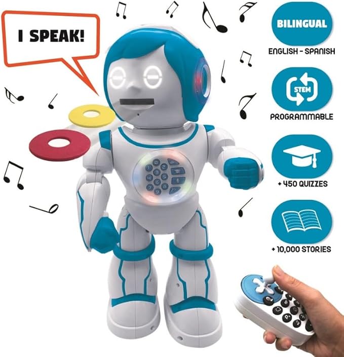 Lexibook Powerman Kid - Educational and Bilingual English/Spanish Robot - Walking Talking Dancing Singing Toy - STEM Programmable Telling Creating Stories - Quizzes Shooting Discs for Kids - ROB90US