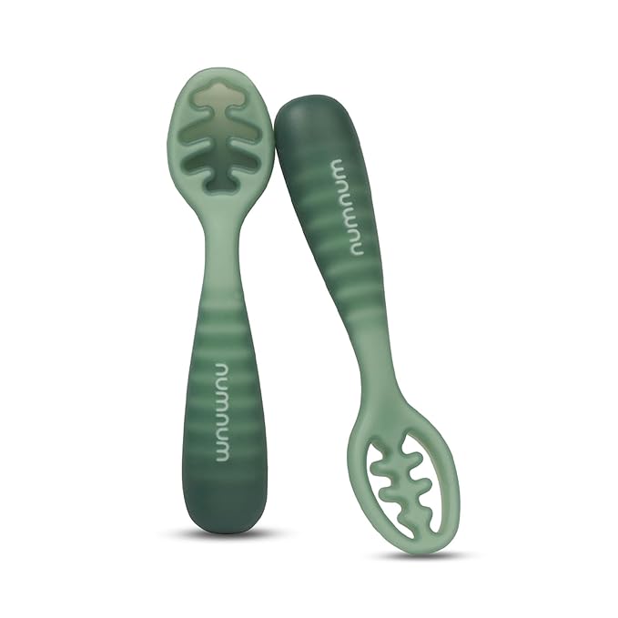 NumNum Baby Spoons Set, Pre-Spoon GOOtensils for Kids Aged 12+ Months - First Stage, Baby Led Weaning (BLW) Spoon - Self Feeding, Silicone Toddler Food Utensils - 1-Pack, 2 Spoons, Green