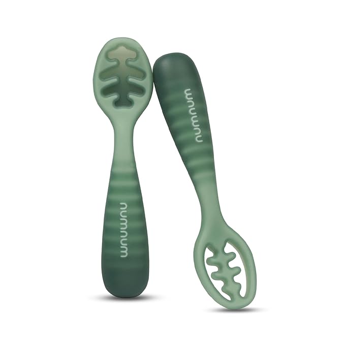 NumNum Baby Spoons Set, Pre-Spoon GOOtensils for Kids Aged 12+ Months - First Stage, Baby Led Weaning (BLW) Spoon - Self Feeding, Silicone Toddler Food Utensils - 1-Pack, 2 Spoons, Green