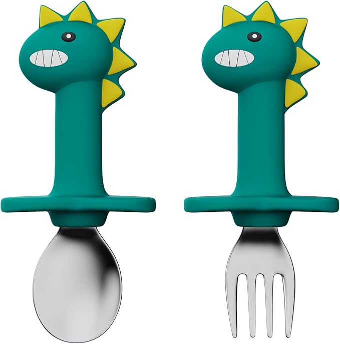 Toddler Utensils Stainless Steel Forks and Spoons Safe Children's Cutlery Set Handle Cartoon Cute for Baby (Green Dinosaur - Short)