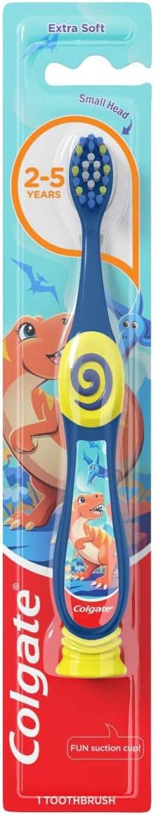 Colgate Dinosaur Toothbrush for Children with Suction Cup, Kids 2-5 Years Old, Extra Soft - Pack of 4