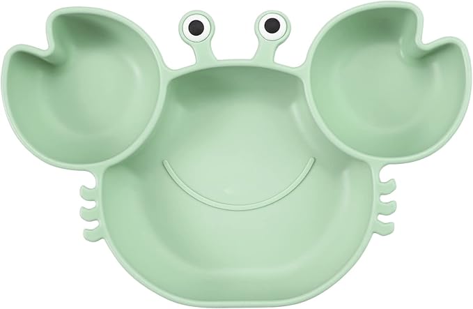 PandaEar 2 Pack Silicone Suction Plate for Baby, Divided Unbreakable Toddler Food Plate with 2 Pack Spoons for Self Feeding, Toddler Utensils Feeding Set Baby Eating Supplies, Crab Shape -Blue&Green