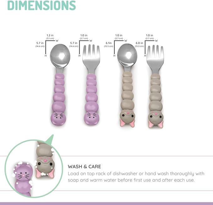 melii Toddler and Kid Feeding Spoon & Fork Set, Stainless Steel, BPA Free, Dishwasher safe (Cat & Bulldog 4pc)