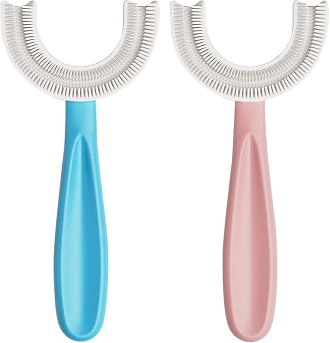 YOTEE U-Shaped Toothbrush Kids 2 PCS - Toddler Toothbrush with Food Grade Soft Silicone Brush Head, Manual Whole Mouth Toothbrush for Kids Age 6-12(Blue+Pink), 360° Oral Teeth Cleaning