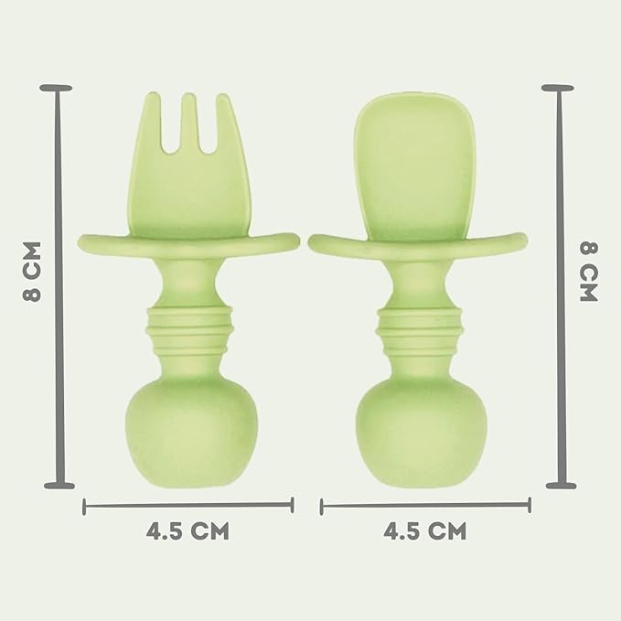 Silicone Baby Spoon and Fork Set with Custom Travel Case, Self Feeding, BPA Free, Anti-Choke (Sage green)