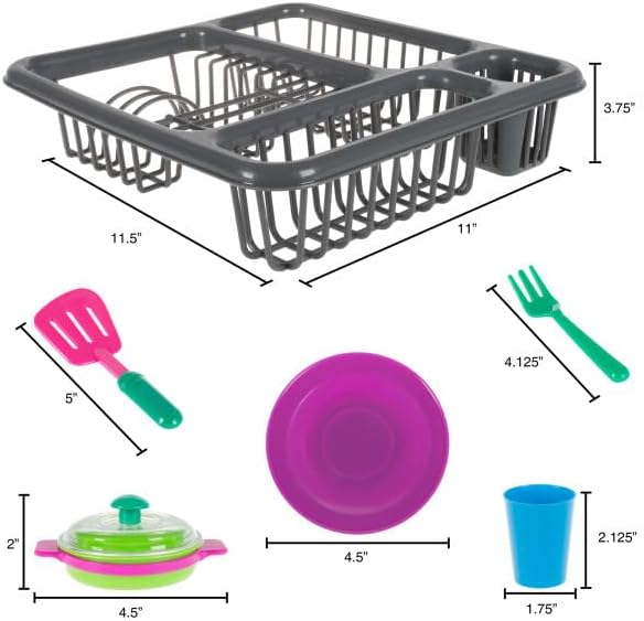 Hey! Play! Kids Play Dish Set, 27 Piece Tableware Dish Set with Drainer – for Kitchen Playset and Pretend Food, Toys for Boys and Girls