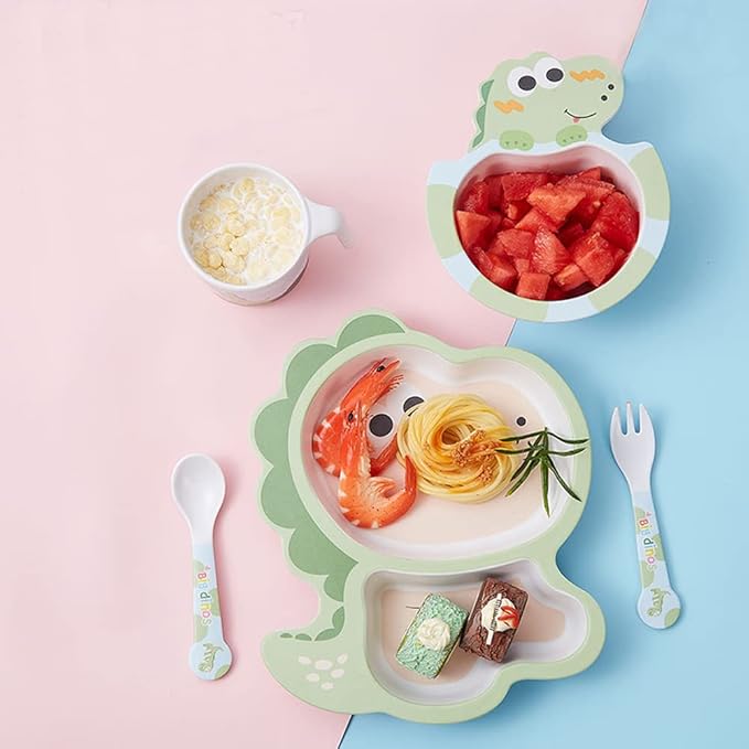 Bamboo Kids Dinnerware Set 5 Pcs Includes Plate Bowl Cup Fork Spoon Perfect for Kids BPA-Free (Little Dinosaur)