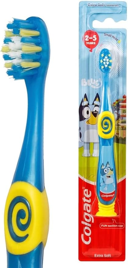 Colgate Bluey Toothbrush for Children with Suction Cup, Kids 2-5 Years Old, Extra Soft (Colors & Characters Very) - Pack of 6