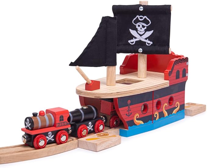 Bigjigs Rail Wooden Pirate Ship Galleon - Pirate Accessories for Wooden Train Sets, Bigjigs Train Accessories, Pirate Ship Toys for Kids, Wooden Toys for 3 4 5 Year Olds