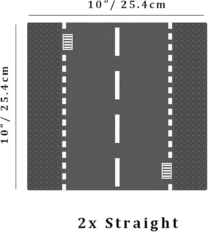 Classic City Street Baseplates 10” x 10” Building Brick Block Highway Race Track Base Plate Toy Kit, Compatible with Lego, 2 Straight + 4 Curved Road Baseplates