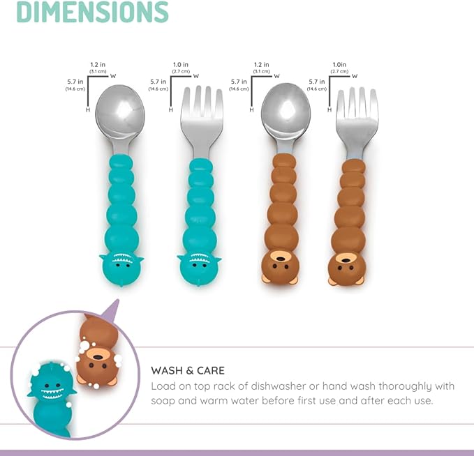 melii Toddler and Kid Feeding Spoon & Fork Set, Stainless Steel – Bulldog, Cat, Shark, Bear– BPA Free, Dishwasher safe (Bear & Shark 4pc)