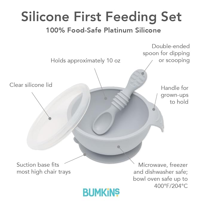 Bumkins Baby Bowl, Silicone Feeding Set with Suction for Baby and Toddler, Includes Spoon and Lid, First Feeding Set, Training Essentials for Baby Led Weaning for Babies 4 Months Up, Gray