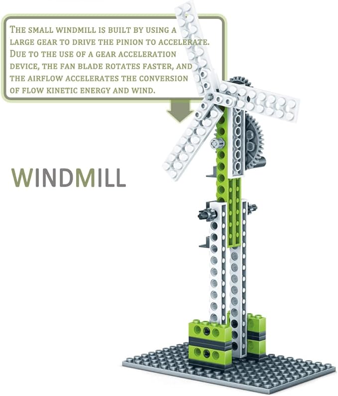 STEM Mechanics Gears Construction Kit 13 Models in 1, Motion Essential Set, Ferris Wheel/Merry-go-Round/Seesaw/Crane/Windmill Engineering Science Education Building Kit