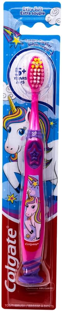 Colgate Kids Unicorn Toothbrush, with Suction Cup for Children 5+ Years Old, Extra Soft (Colors Vary) - Pack of 2