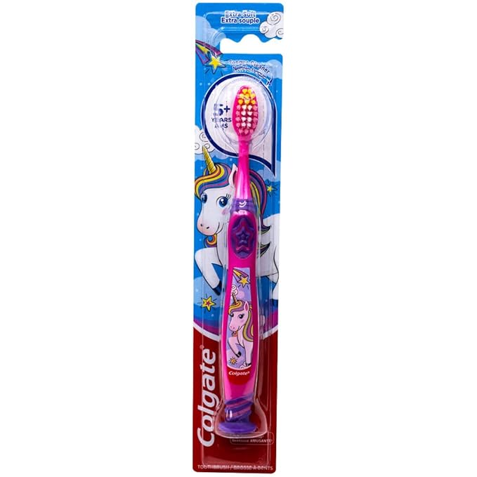 Colgate Kids Unicorn Toothbrush with Suction Cup for Children 5+ Years Old, Extra Soft (Colors Vary) - Pack of 4