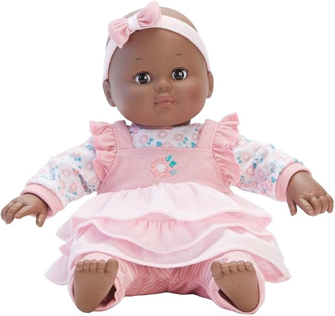 Madame Alexander 14-Inch Baby Cuddles Doll with Bottle, Pink Floral, Dark Skin Tone