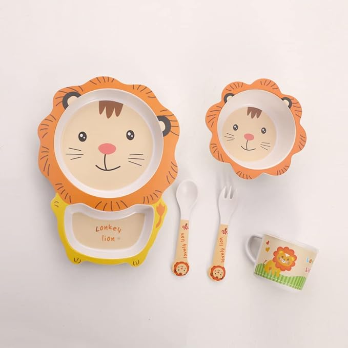 Kids Dinnerware Set Bamboo 5 Pcs with Plate Bowl Cup Fork Spoon (Lion)
