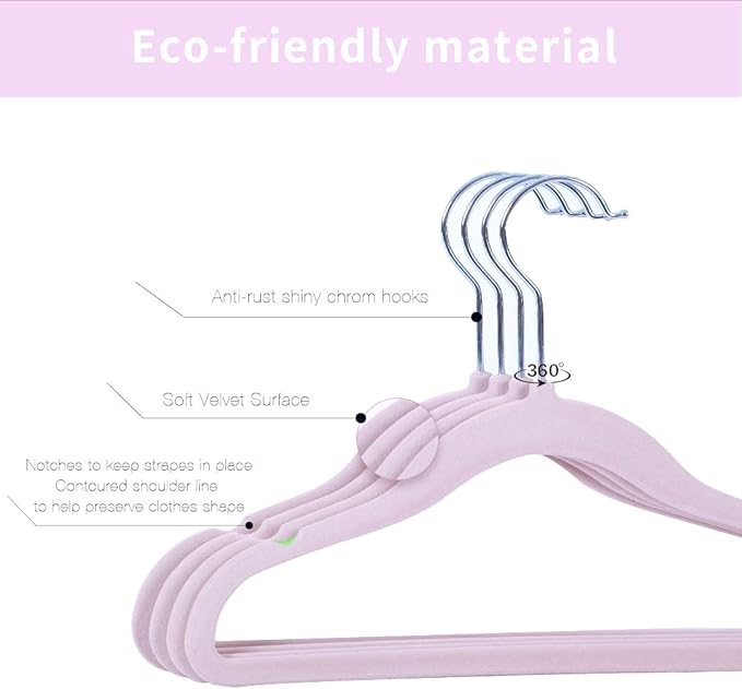 Kids Velvet Clothes Hangers, Non Slip Baby Hangers Pink (11.6" Inch - 40 Pack)