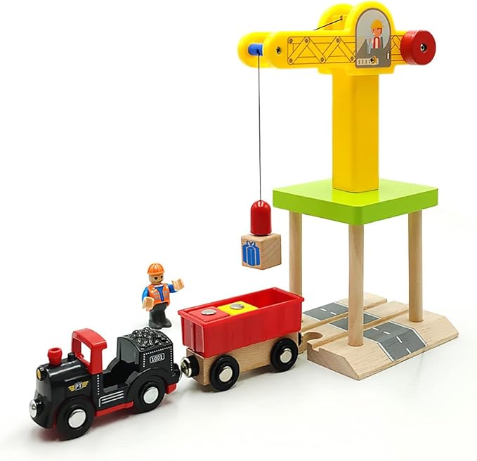 Wooden Train Track Accessories Wooden Crane Toy Set with Train Cars for 3 4 5 Year Old Boys Kids Other Major Wooden Rail Brands are Compatible (Multi-function Crane)