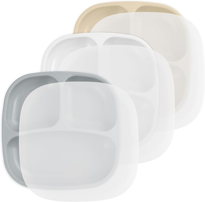 Re-Play Made in USA 7" Deep Walled Divided Plates for Kids, Set of 3 With 3 Lids - Reusable 3 Compartment Plates, Dishwasher and Microwave Safe - 7.37" x 7.37" x 1.25", Seashell