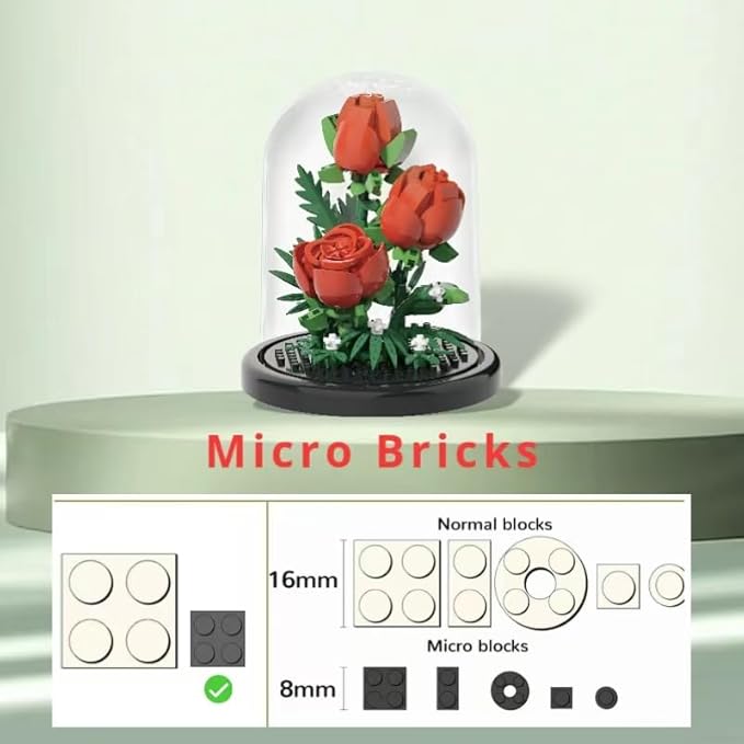 Red Rose Flowers Micro Bricks Building Set with Dust Cover,Artificial Flowers Botanical Collection for Home Decor, Creative Gifts for Adults Women Boys Girls,254 Pieces