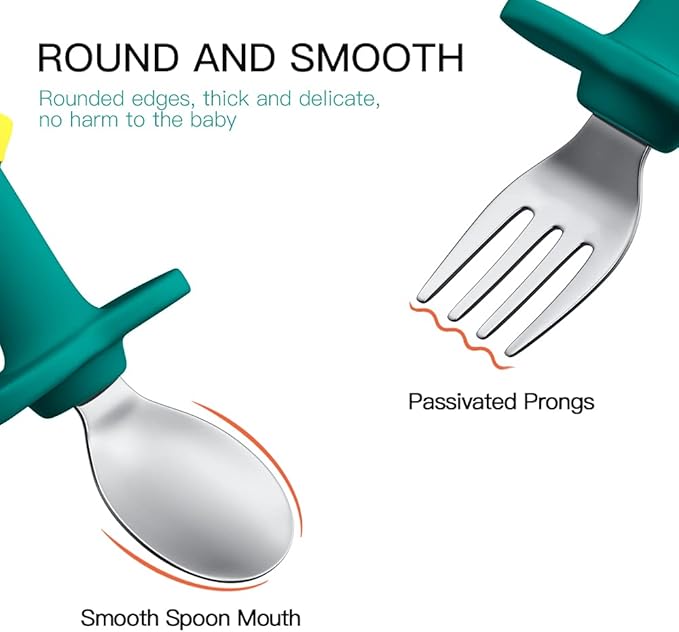 Toddler Utensils Stainless Steel Forks and Spoons Safe Children's Cutlery Set Handle Cartoon Cute for Baby (Green Dinosaur - Short)
