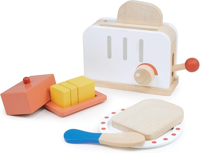 Mentari Toys - Rise & Shine Toaster Set - 10pc Wooden Toaster Toy with Pretend Play Food Accessories - Kids Role Play Kitchen/Cafe Toy - Improves Motor Skills - Sparks Creativity - Age 3+