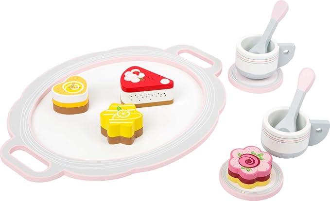 small foot wooden toys Coffee and Cake 11 pcs. Playset for Two Cute Stuffed Animals, Perfect for Small Coffee Parties in The Children's Room or Garden Designed for Children Ages 3+, Multi