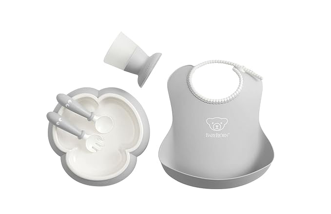 BabyBjörn Baby Dinner Set, 5 pc, Gray | Includes Baby Bib, Baby Plate, Baby Fork, Baby Spoon, and Baby Cup | Dishwasher Safe | Toddler Feeding Set for self-Feeding or Baby-led weaning