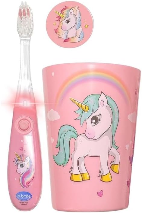 Lily's Home Kids Flashing Timer Toothbrush Kids with Soft Bristles, Rising Cup & Cover - Fun 2-Min Light-Up Brushing for Children - Toddler Toothbrush Soft Toothbrush Kit (Unicorn)