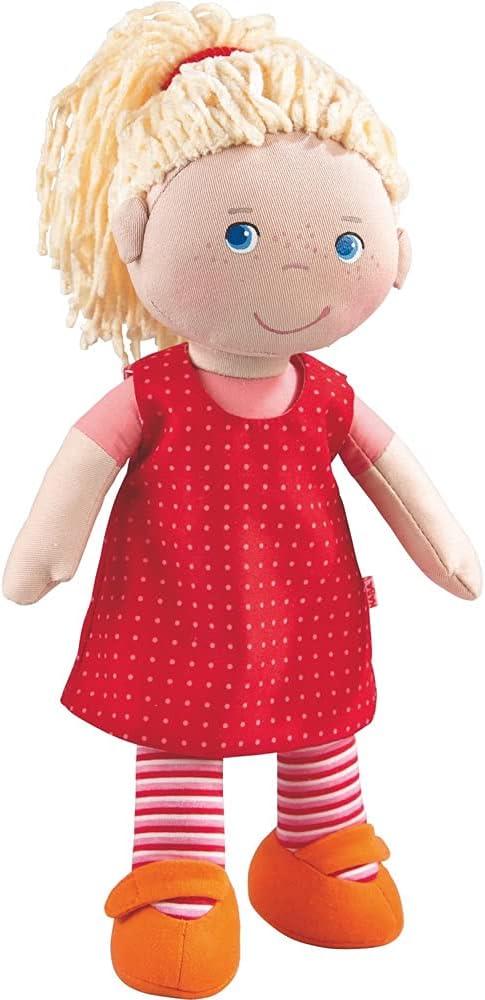 HABA 12" Soft Baby Doll Annelie with Blonde Hair, Embroidered Face, Removable Red Dress and Matching Hairband - Washable Toddler Doll for 18 Months+